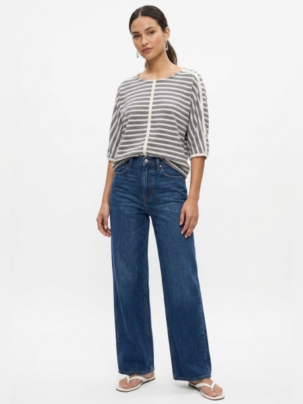 Madewell Gray White Striped Textured Cotton Top Back Zip Medium